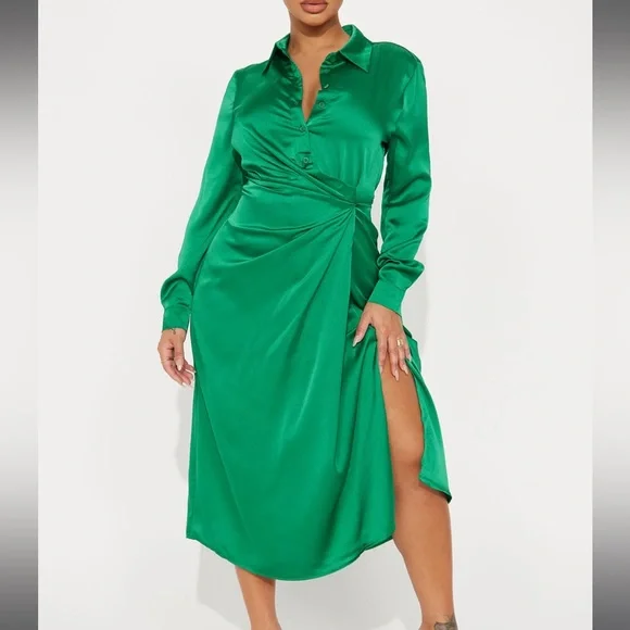 Fashion Nova | Dresses | Isabella Satin Midi Dress Green | Poshmark